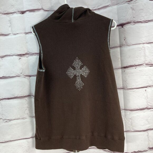 Quacker Factory Vest SZ M Women's Sleeveless Brown Waffle Hoodie Rhinestones Zip - Picture 2 of 11